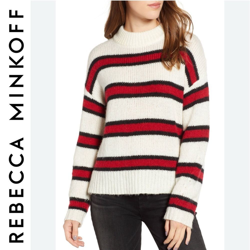REBECCA MINKOFF Taylor Sweater in White & Multi Stripe S Wool Mohair Boxy Warm